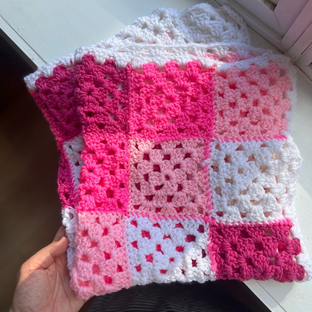 Handmade Pink and White Crochet Blanket